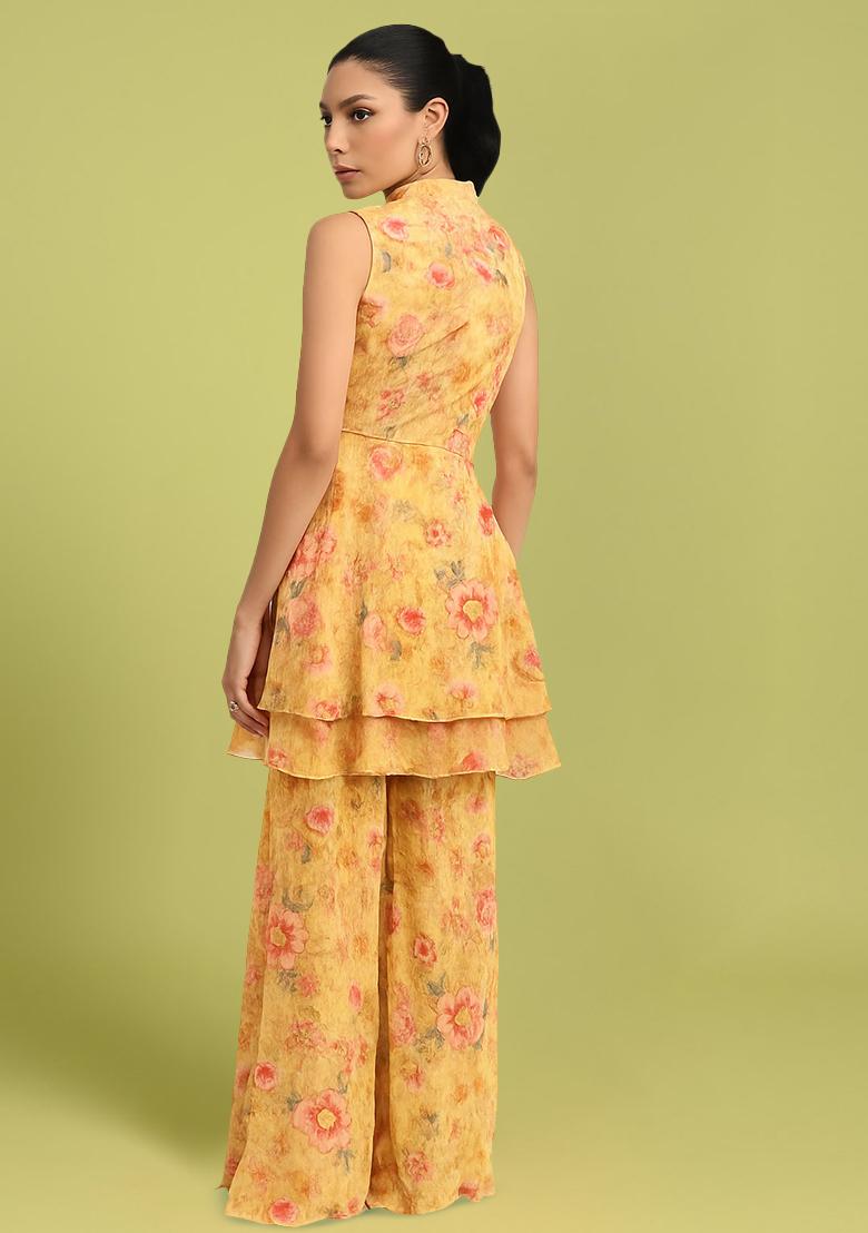 Yellow Chiffon Floral Printed Kurta Set - Indya