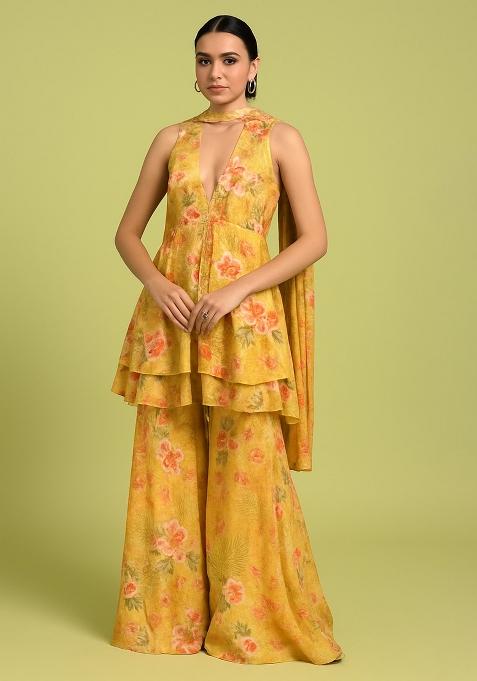 Yellow Chiffon Floral Printed Kurta Set