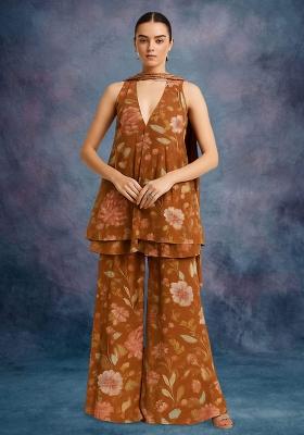 Brown Chiffon Floral Printed Kurta Set