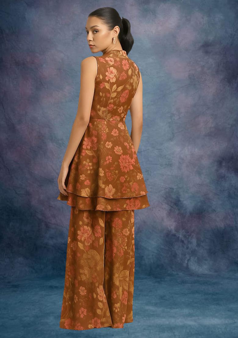 Brown Chiffon Floral Printed Kurta Set - Indya