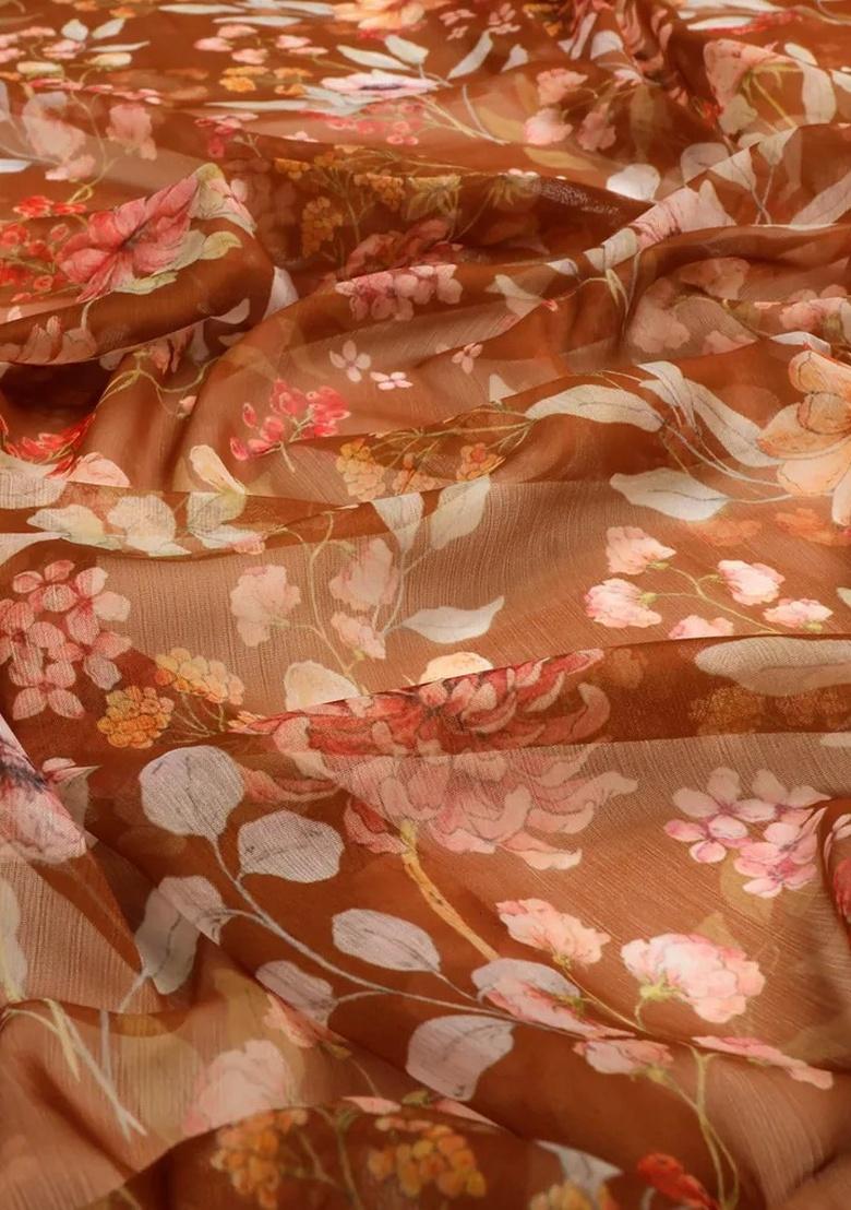 Brown Chiffon Floral Printed Kurta Set - Indya