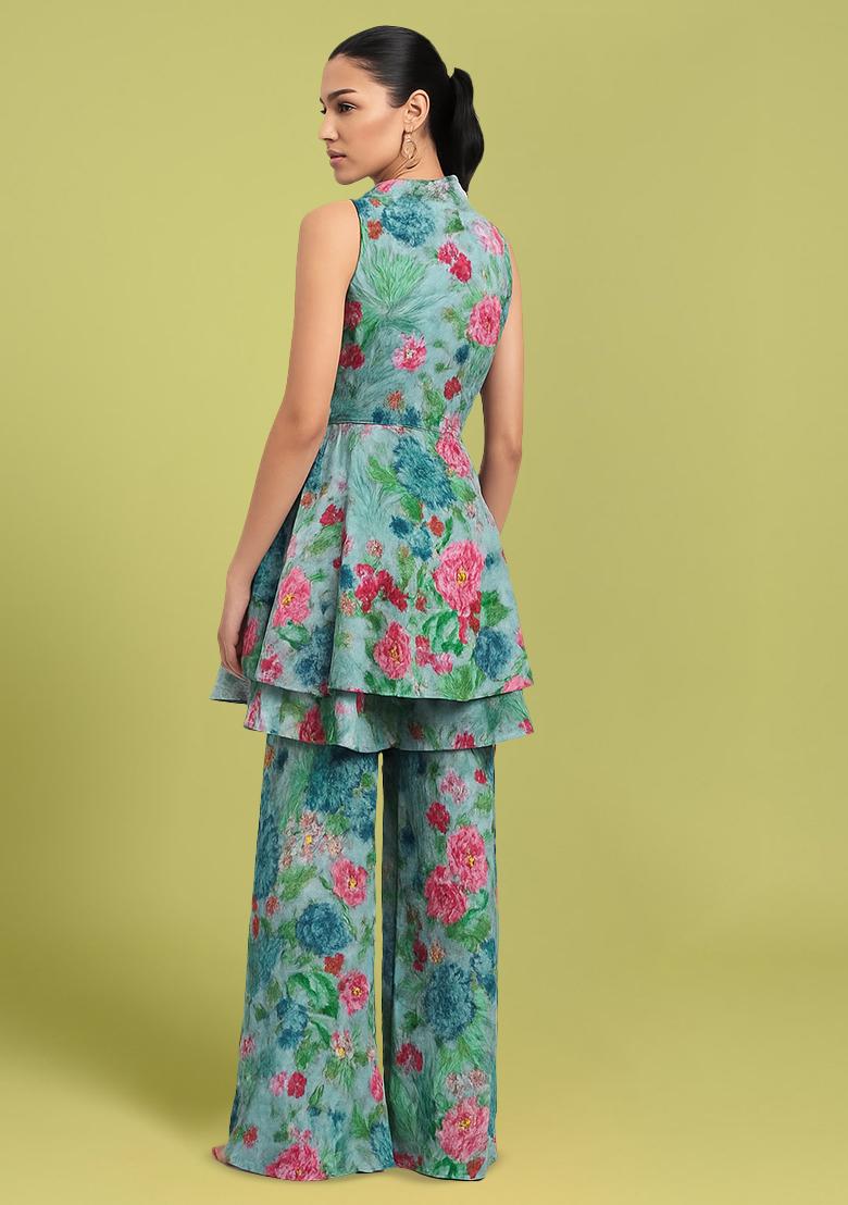 Light Blue Chiffon Floral Printed Kurta Set - Indya