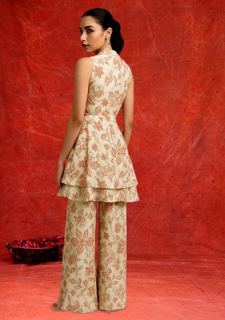 Beige Chiffon Floral Printed Kurta Set - Indya