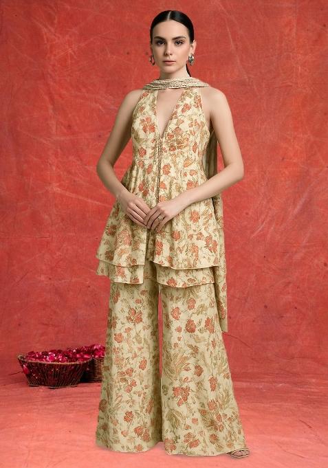 Beige Chiffon Floral Printed Kurta Set