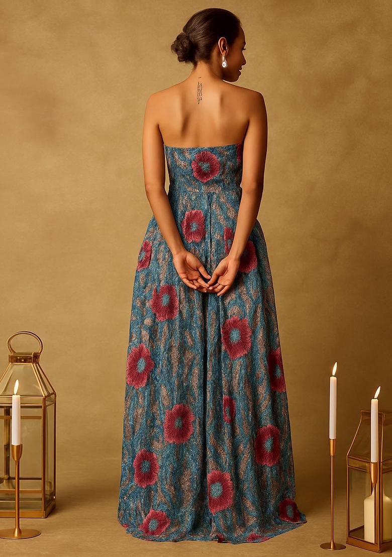 Light Blue Net Sequin Embroidered Gown - Indya