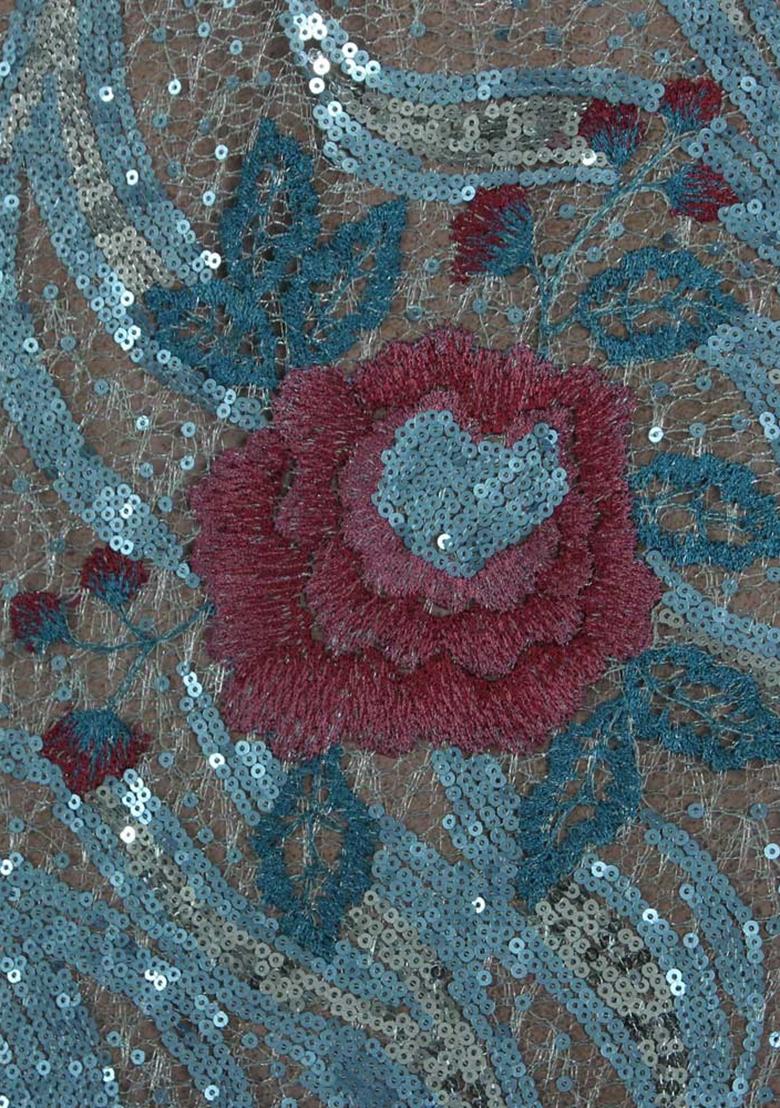 Light Blue Net Sequin Embroidered Gown - Indya