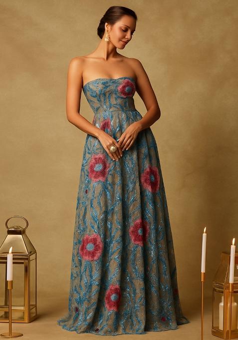 Light Blue Net Sequin Embroidered Gown