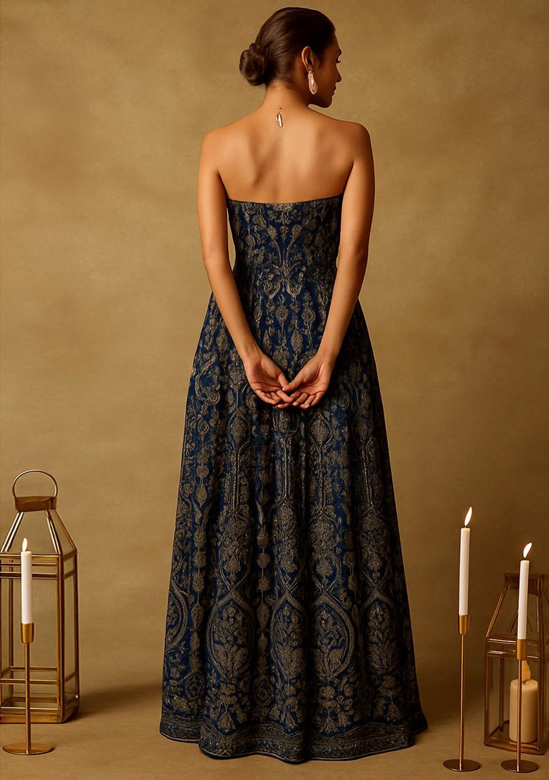 Dark Blue Georgette Embroidered Gown - Indya