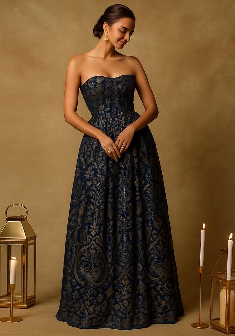 Dark Blue Georgette Embroidered Gown