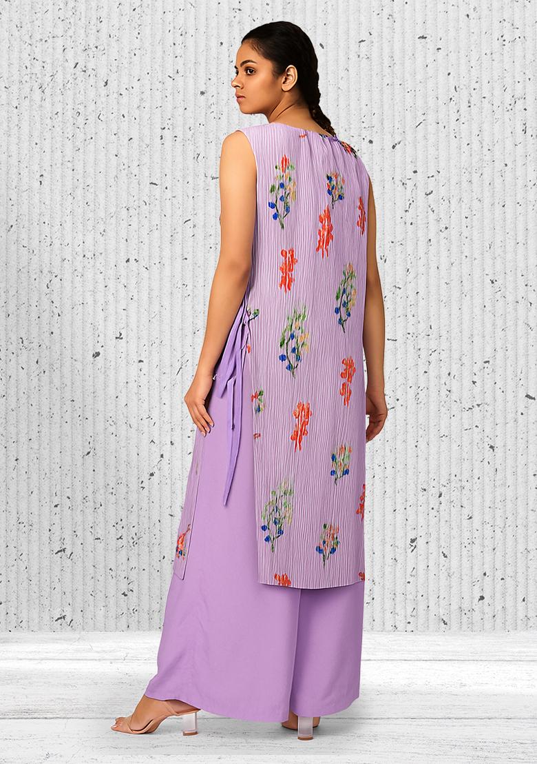 Lavender Crepe Floral Printed Kurta Set - Indya