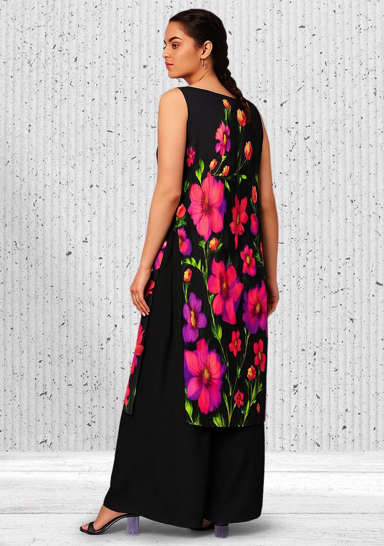 Black Crepe Floral Printed Kurta Set - Indya