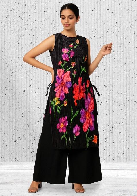 Black Crepe Floral Printed Kurta Set