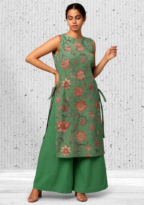 Sage Green Chanderi Floral Printed Kurta Set