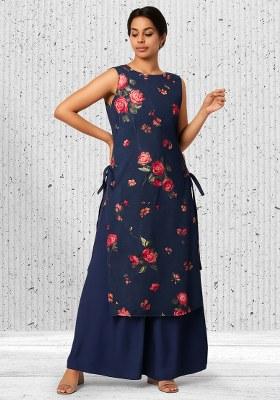 Navy Blue Chanderi Floral Printed Kurta Set