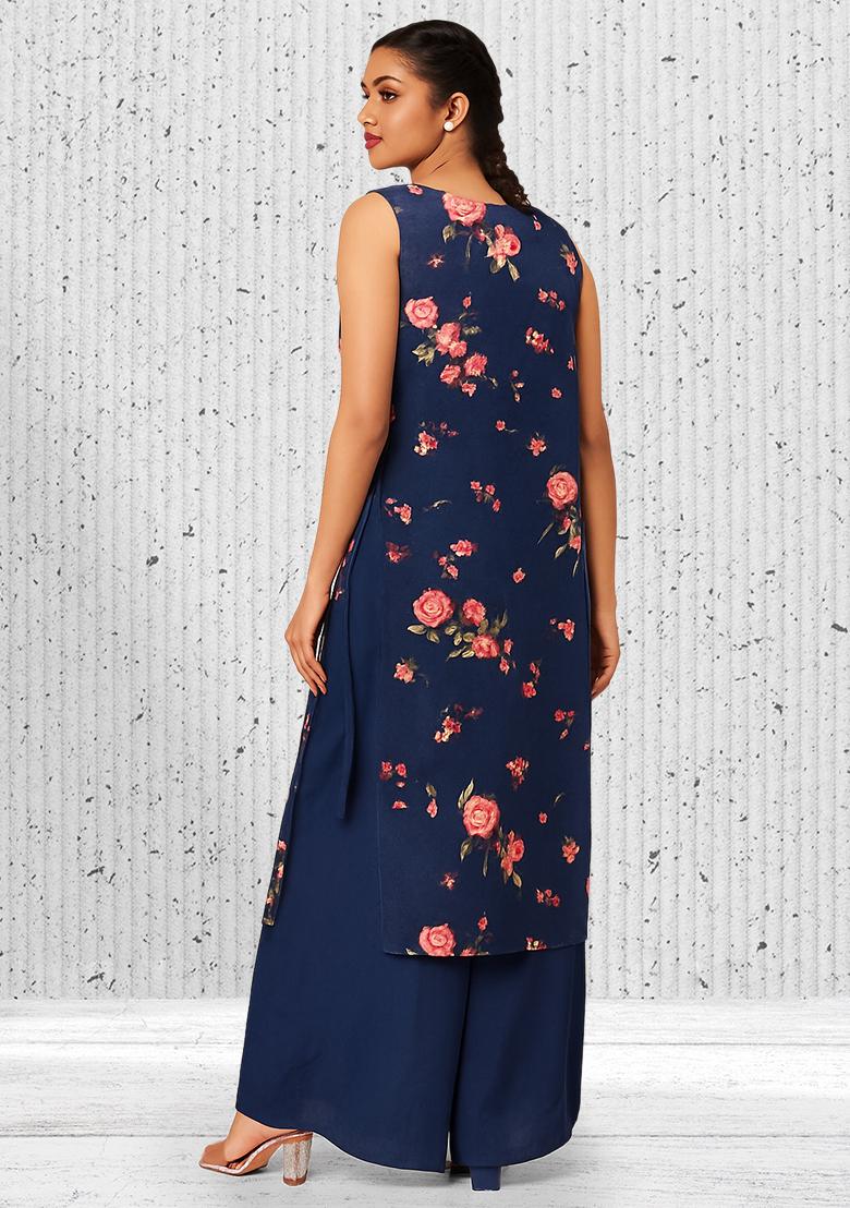 Navy Blue Chanderi Floral Printed Kurta Set - Indya