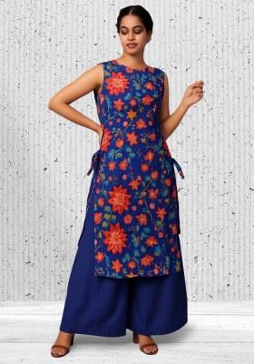 Royal Blue Satin Floral Printed Kurta Set