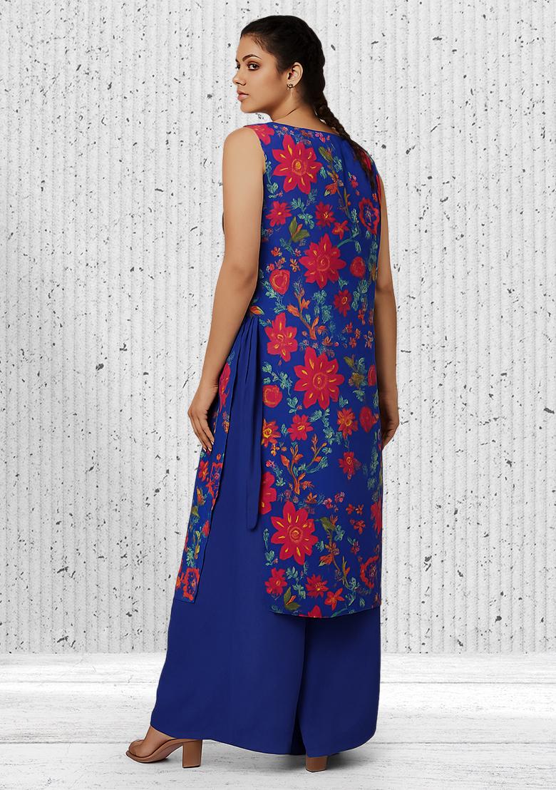 Royal Blue Satin Floral Printed Kurta Set - Indya