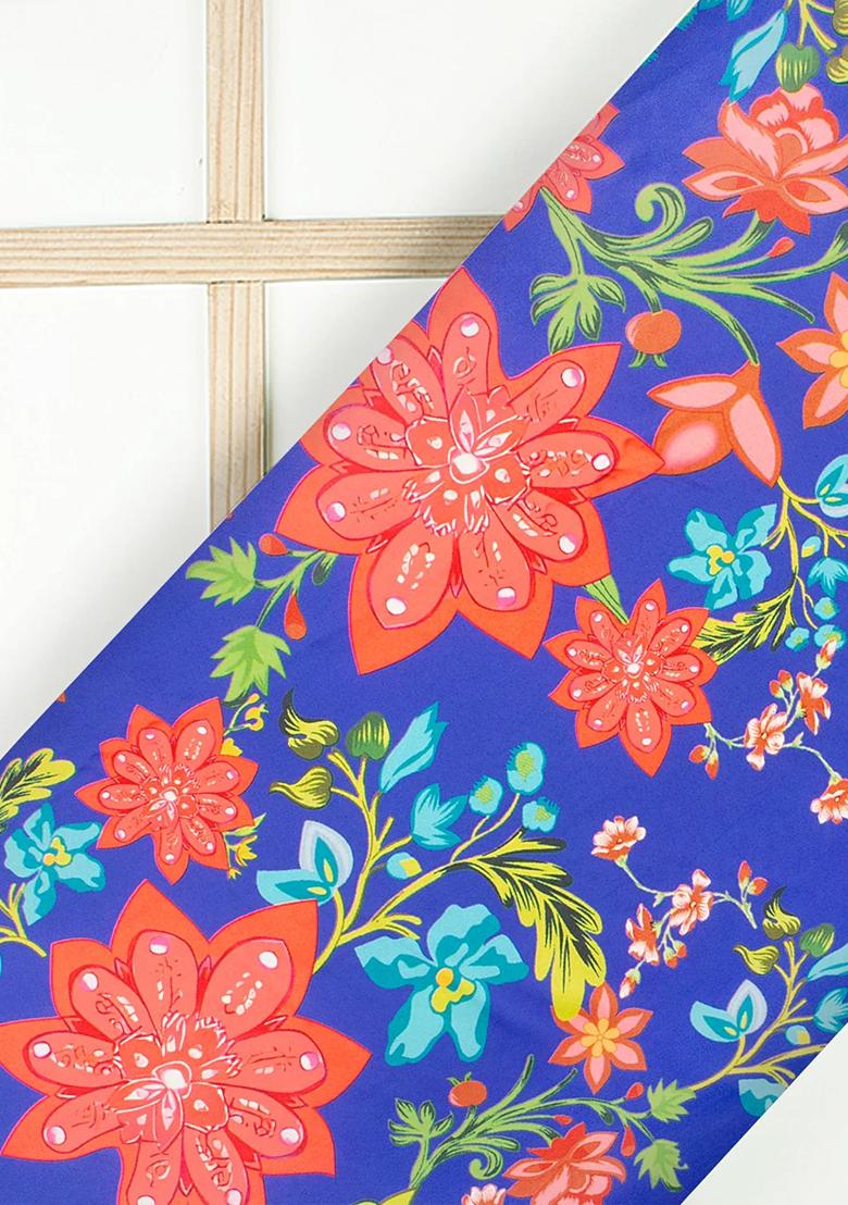 Royal Blue Satin Floral Printed Kurta Set - Indya