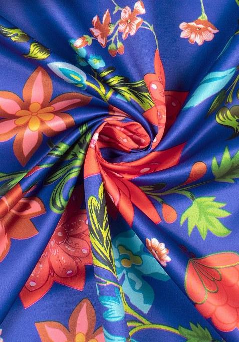 Royal Blue Satin Floral Printed Kurta Set