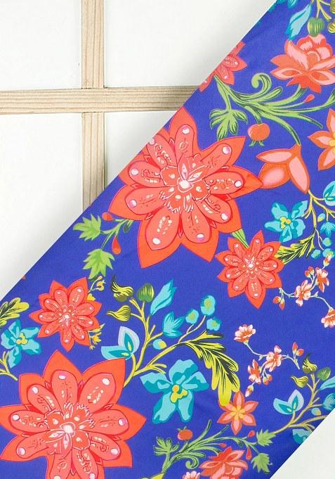 Royal Blue Satin Floral Printed Kurta Set