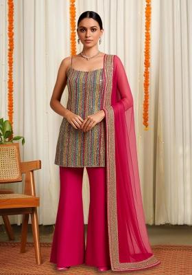 Hot Pink Embellished Tissue Sharara Set