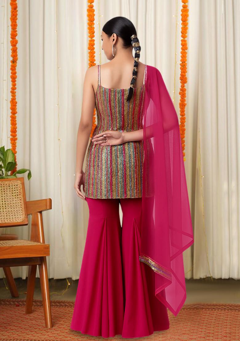 Hot Pink Embellished Tissue Sharara Set - Indya