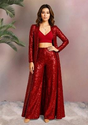 Maroon Sequins Embroidery Net Kurta Set