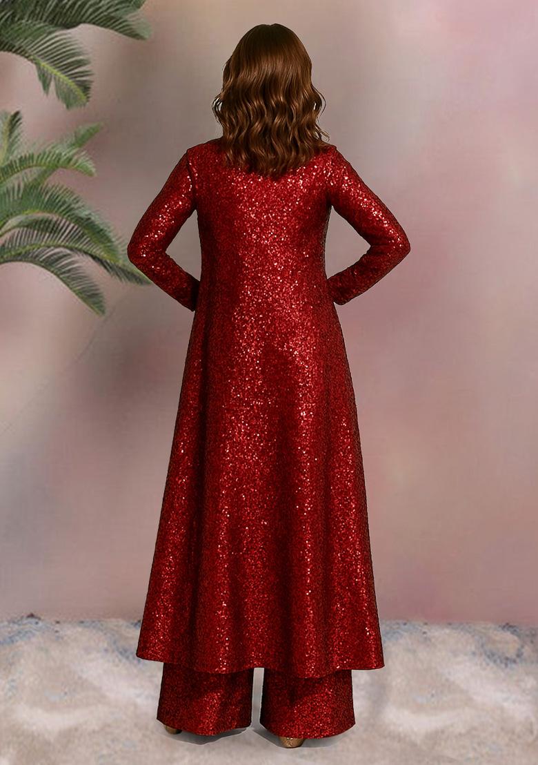 Maroon Sequins Embroidery Net Kurta Set - Indya