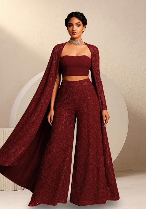 Red Sequins Embroidery Net Kurta Set