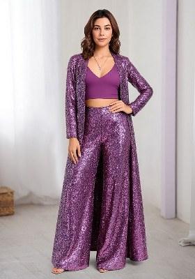 Lavender Sequins Embroidery Net Kurta Set