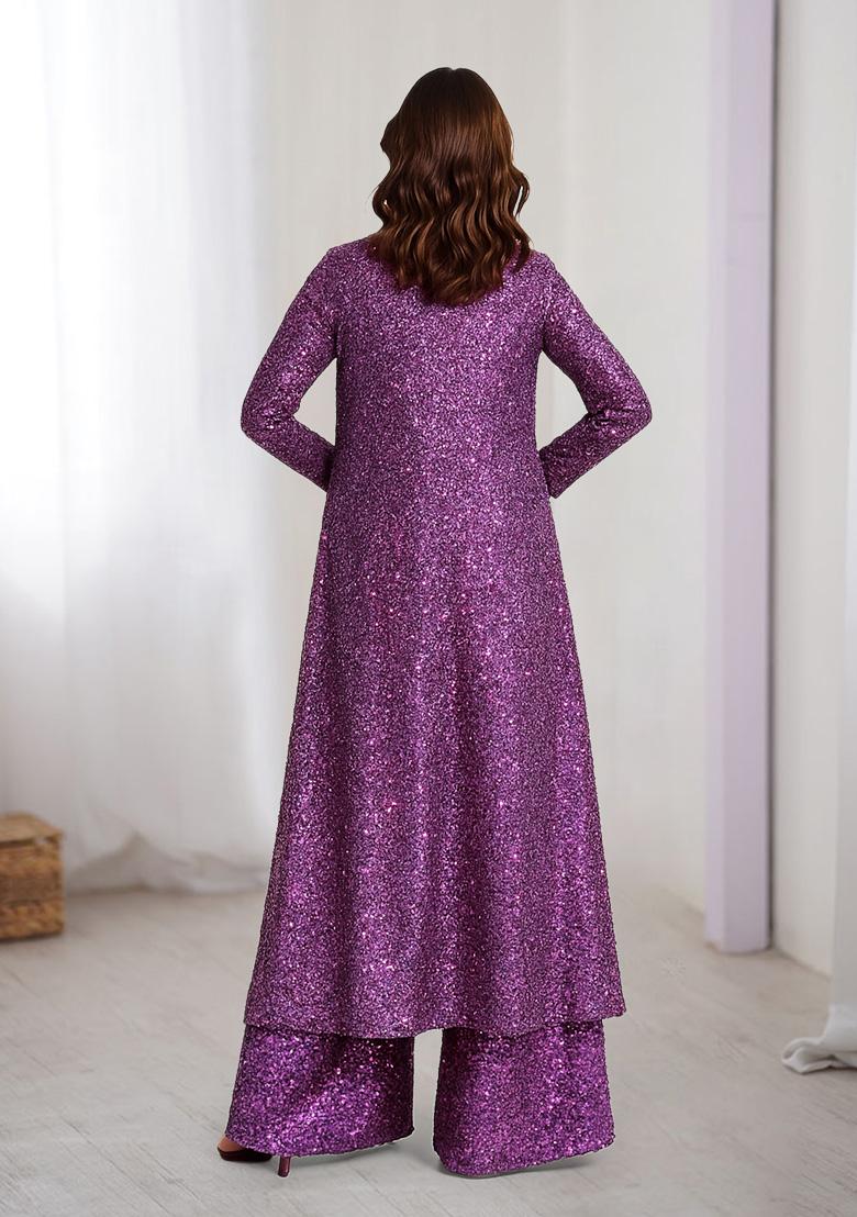 Lavender Sequins Embroidery Net Kurta Set - Indya