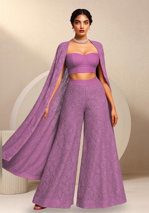 Pink Sequins Embroidery Net Kurta Set