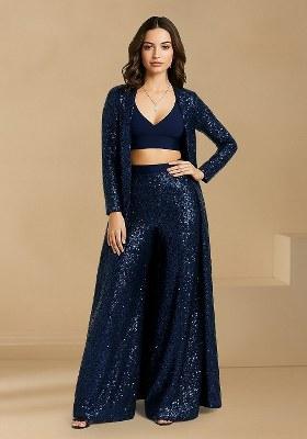 Blue Sequins Embroidery Net Kurta Set