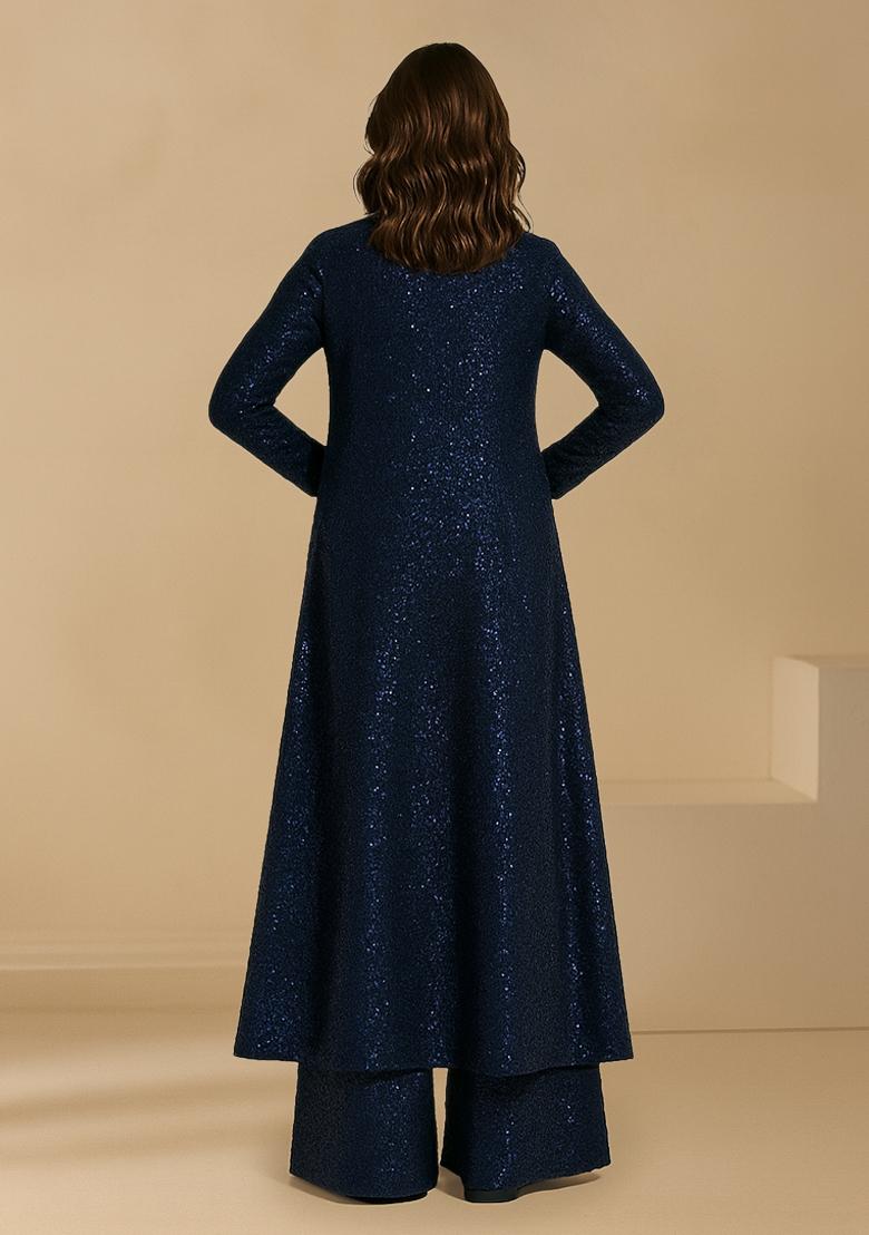 Blue Sequins Embroidery Net Kurta Set - Indya