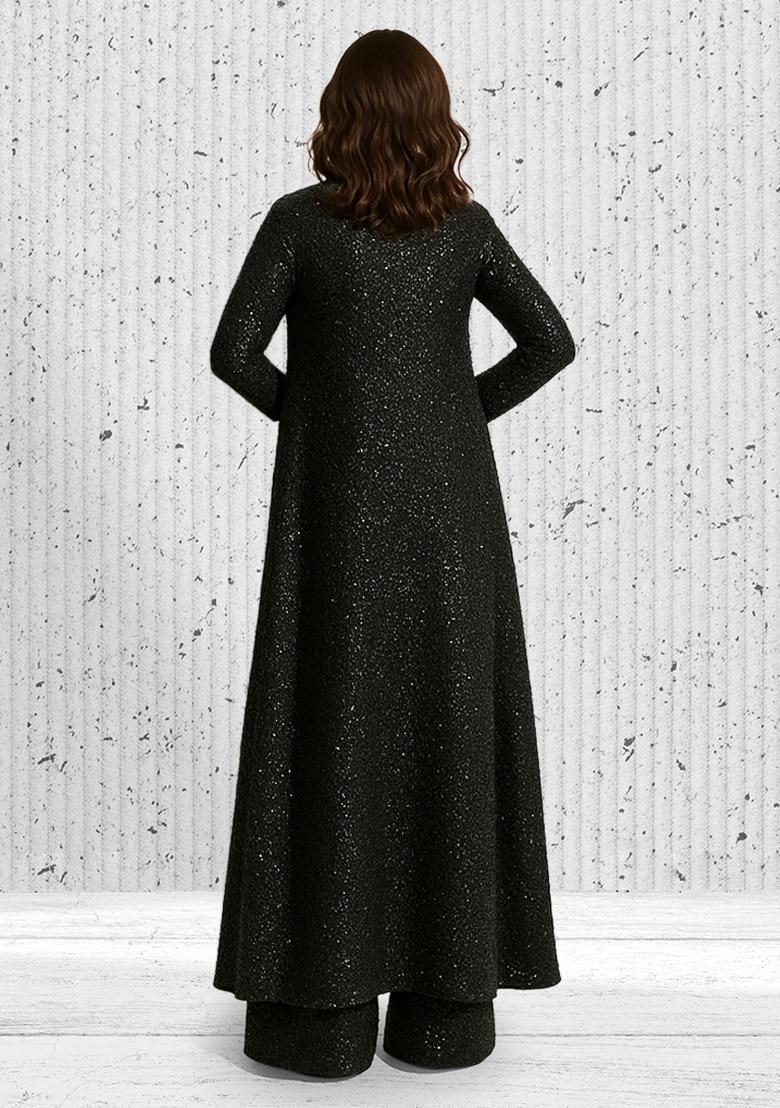 Black Sequins Embroidery Net Kurta Set - Indya