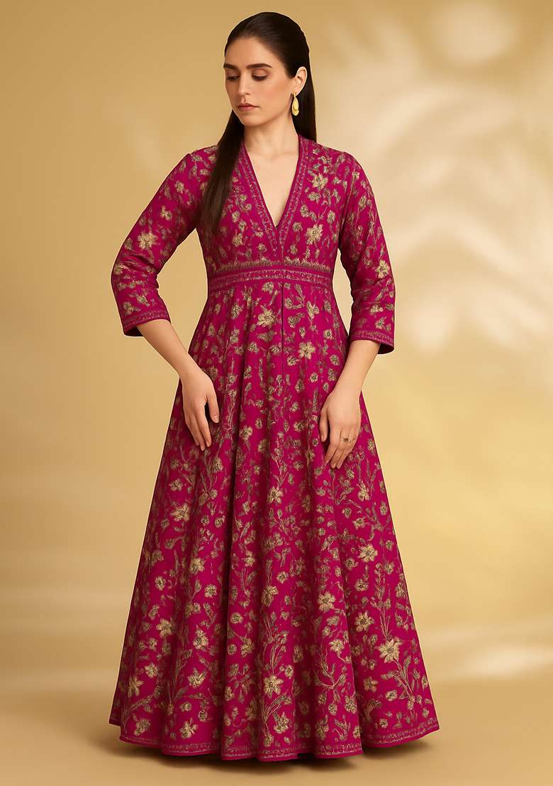 Pink Embroidered Crepe Anarkali Set - Indya