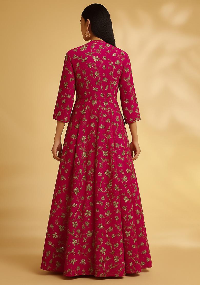 Pink Embroidered Crepe Anarkali Set - Indya