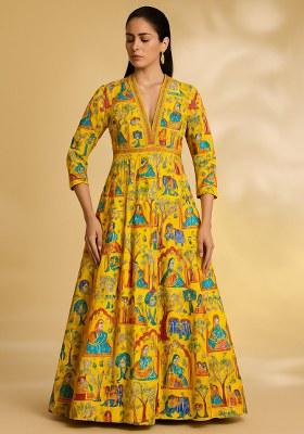 Yellow Figure Print Anarkali Set
