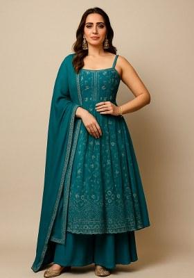 Teal Embroidered Net Anarkali Set