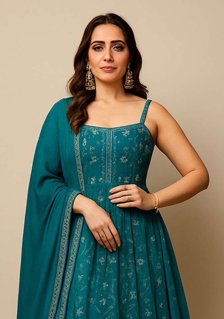 Teal Embroidered Net Anarkali Set - Indya