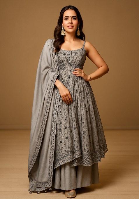Grey Embroidered Net Anarkali Set