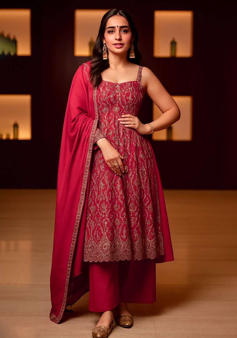 Red Embroidered Net Anarkali Set - Indya