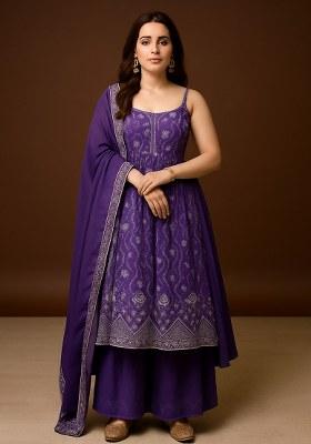 Purple Embroidered Net Anarkali Set