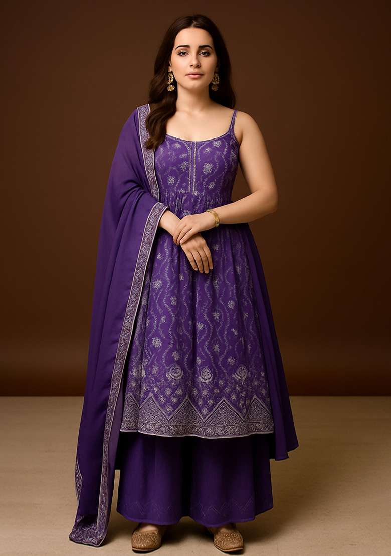 Purple Embroidered Net Anarkali Set - Indya