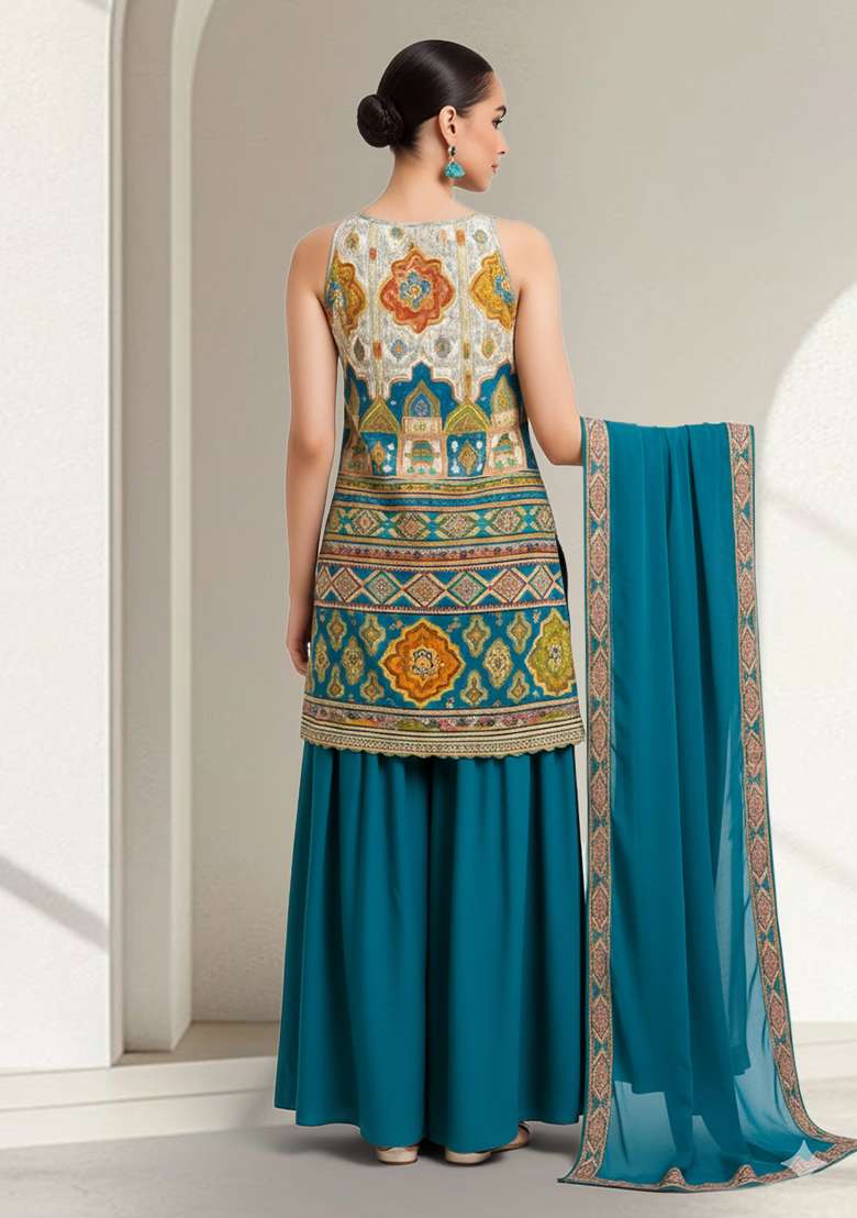 Multicolor Figure Print Crepe Sharara Set - Indya