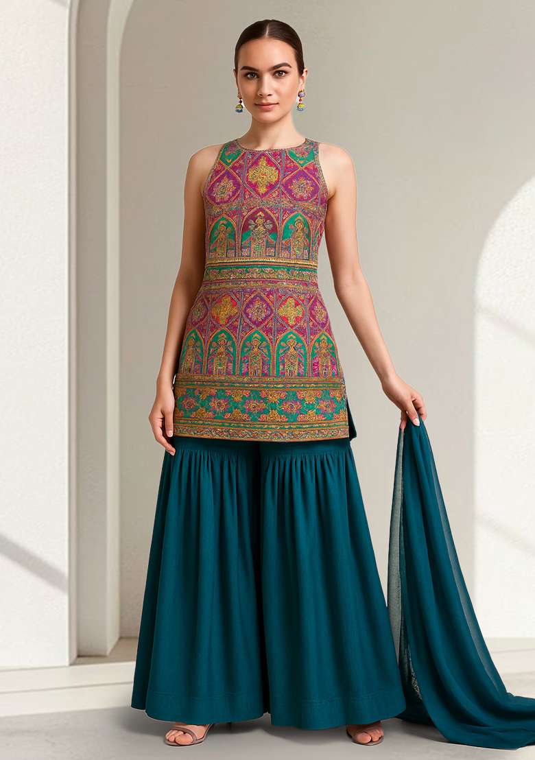 Multicolor Figure Print Crepe Sharara Set - Indya