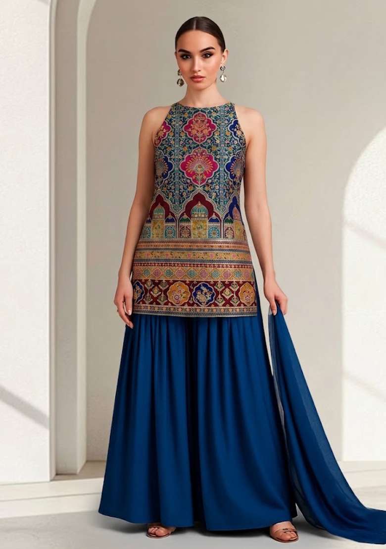 Multicolor Figure Print Crepe Sharara Set - Indya