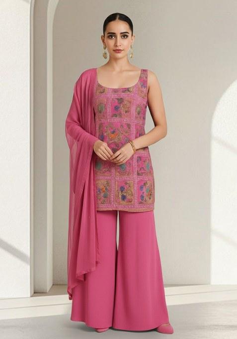 Pink Figure Print Silk Sharara Set