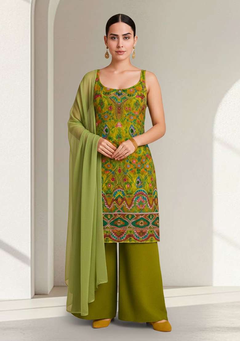 Green Embroidered Crepe Sharara Set - Indya