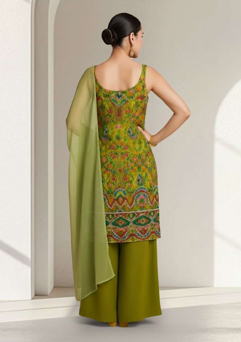 Green Embroidered Crepe Sharara Set - Indya